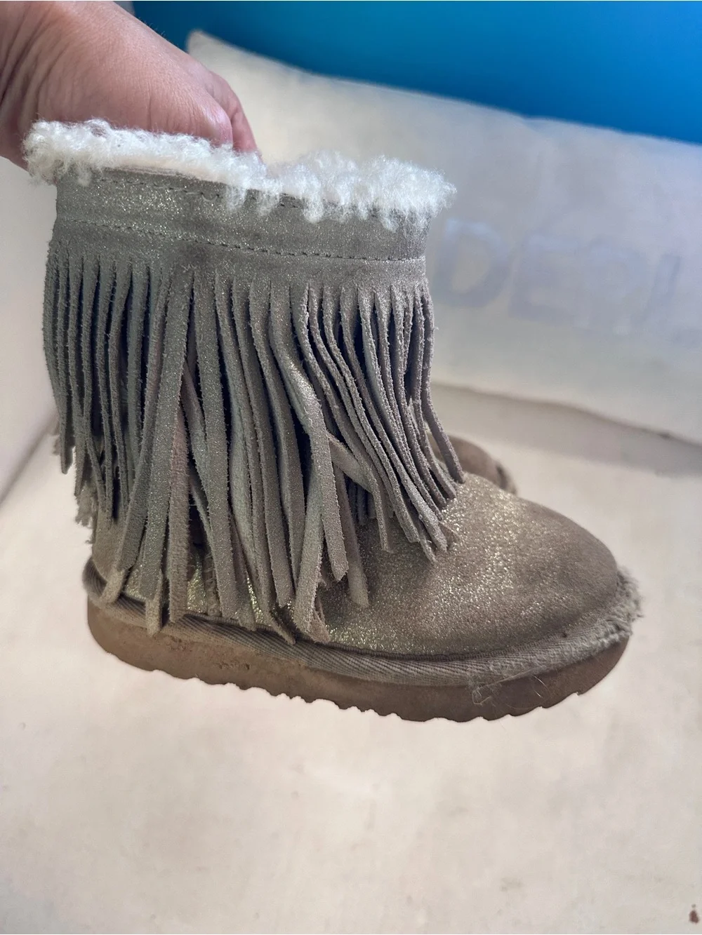 UGG Taupe Fringe Shearling Short Boots